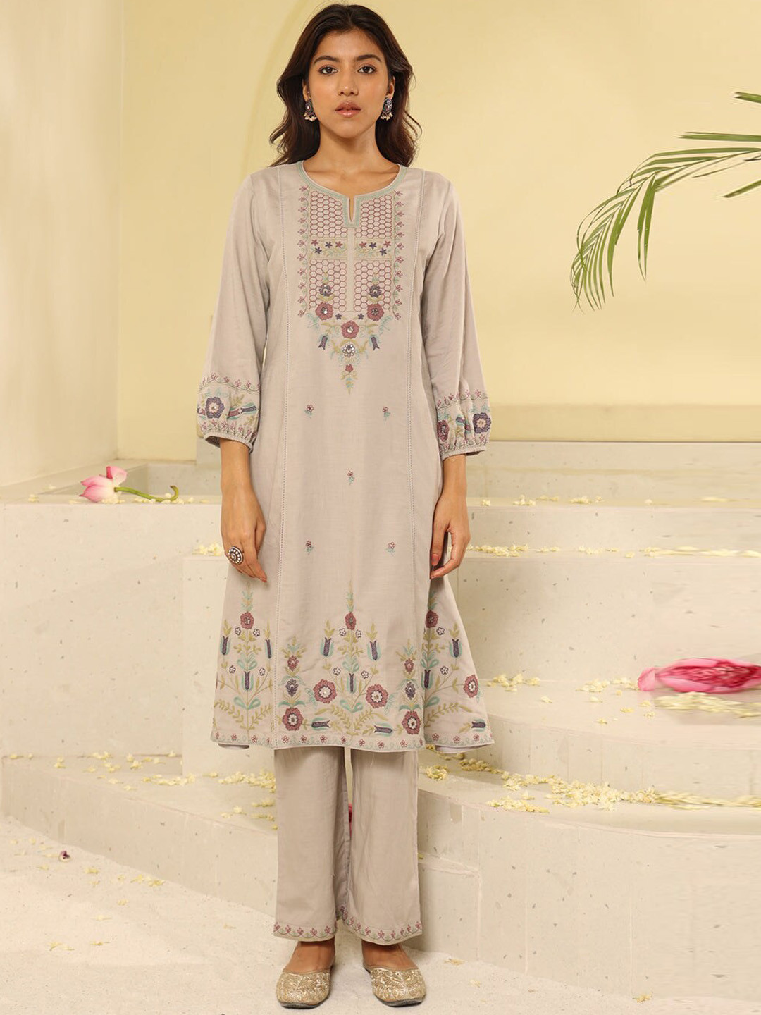

Lakshita Floral Embroidered Panelled Sequinned A-line Kurta With Trousers, Grey