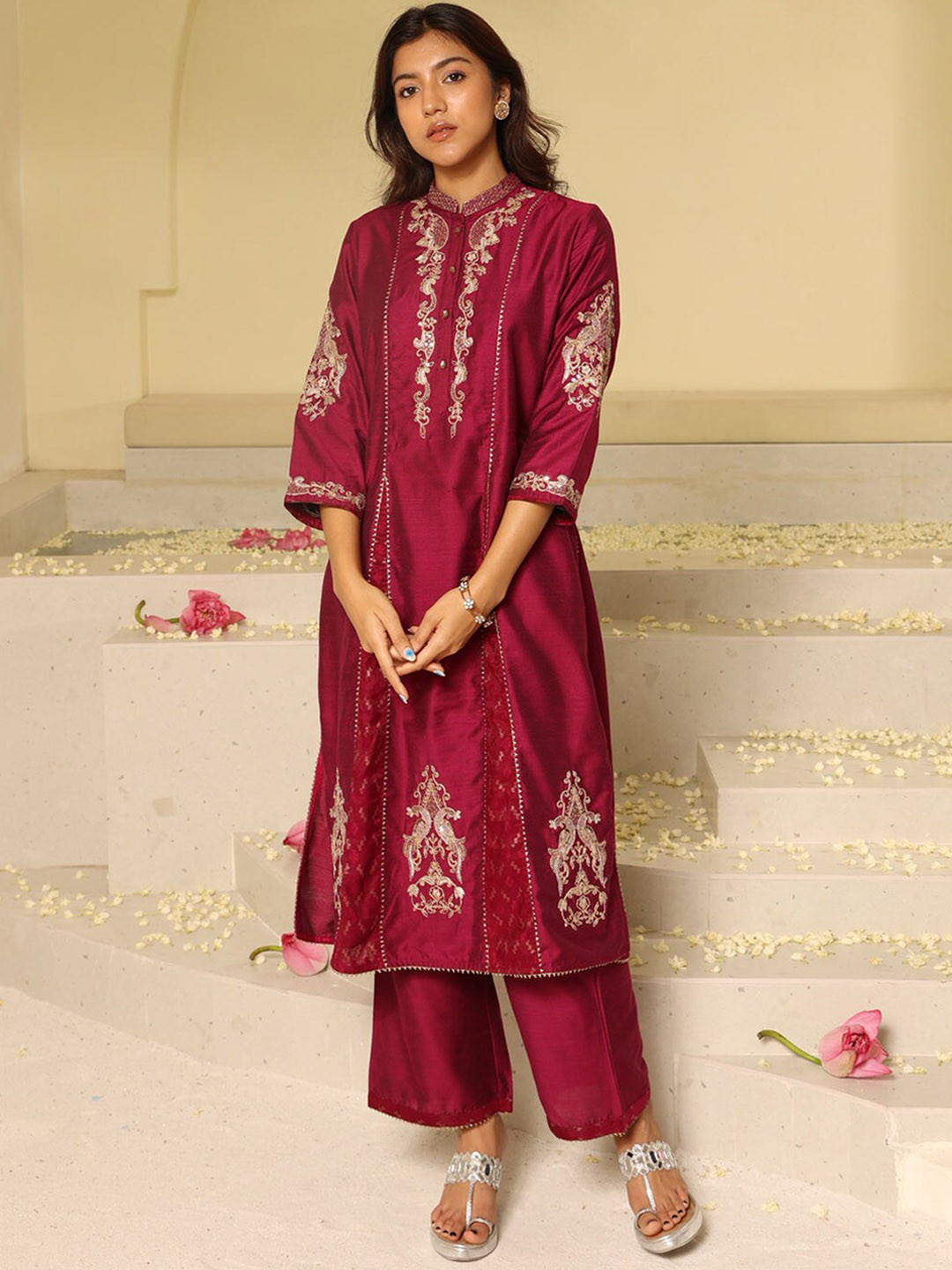 

Lakshita Ethnic Motifs Embroidered Panelled Gotta Patti Kurta with Trousers, Fuchsia