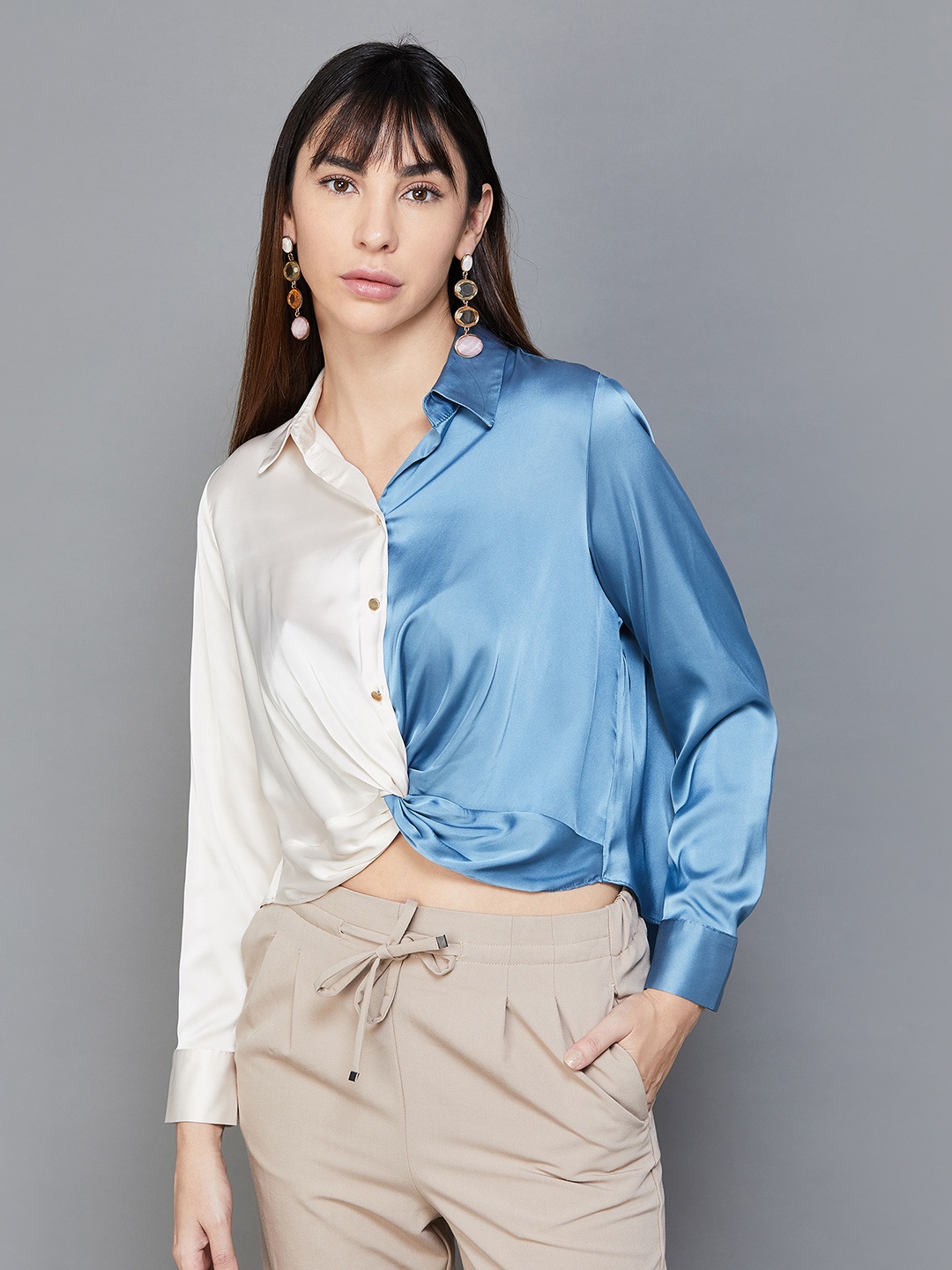 

CODE by Lifestyle Colourblocked Cuffed Sleeves Shirt Style Crop Top, Blue