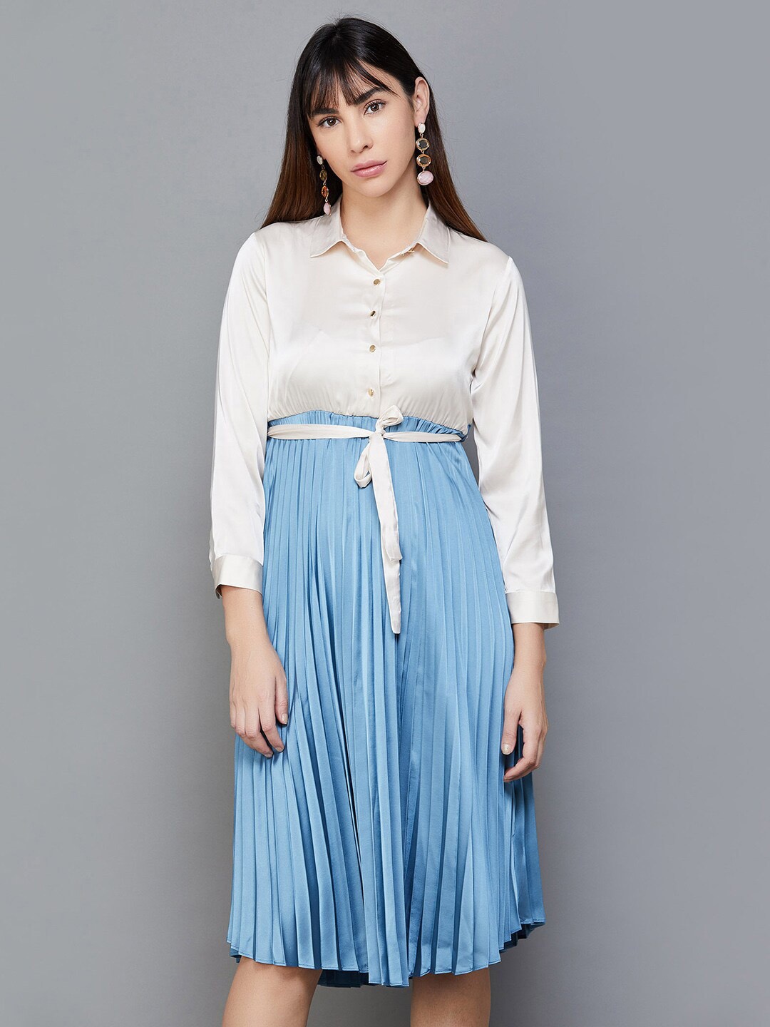 

CODE by Lifestyle Striped Shirt Collar Pleated Shirt Dress, Blue