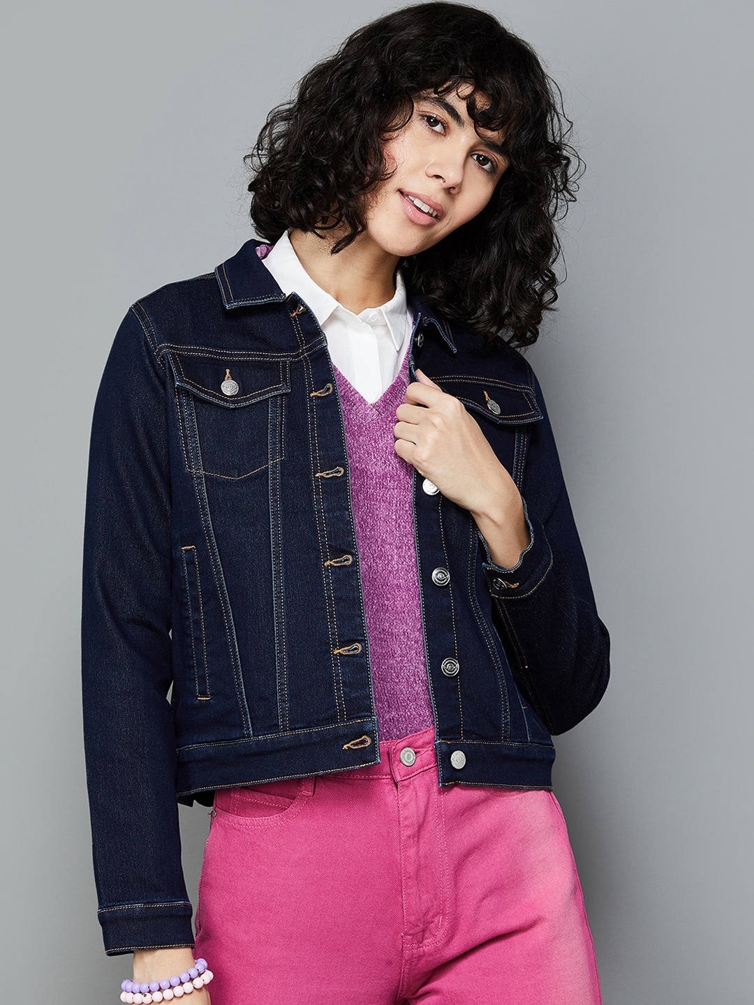 

Fame Forever by Lifestyle Spread Collar Cotton Denim Jacket, Blue