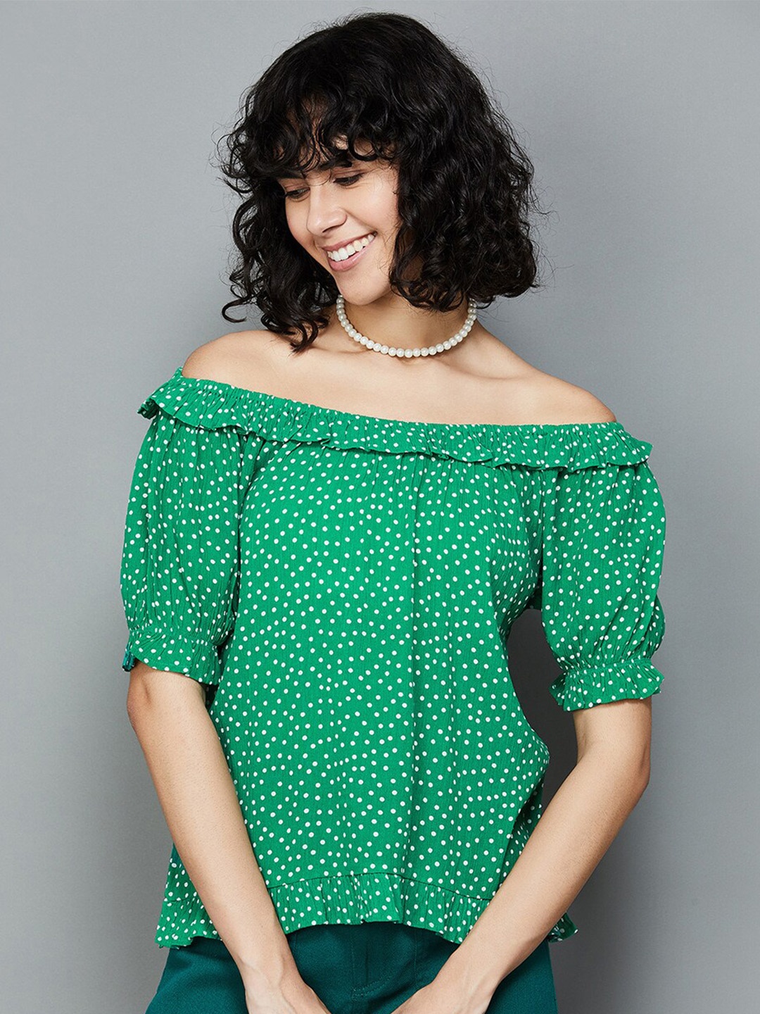 

Fame Forever by Lifestyle Polka Dot Printed Puff Sleeve Bardot Top, Green