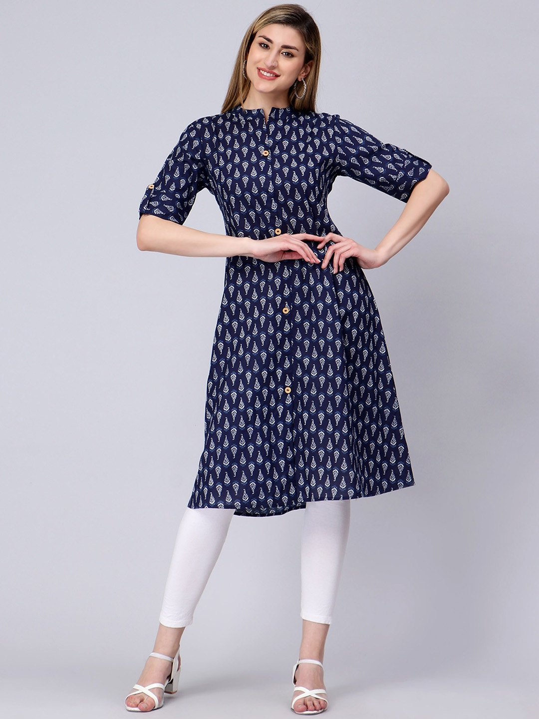 

CELEBRAVO Ethnic Motifs Printed Mandarin Collar A-Line Cotton Kurta, Blue