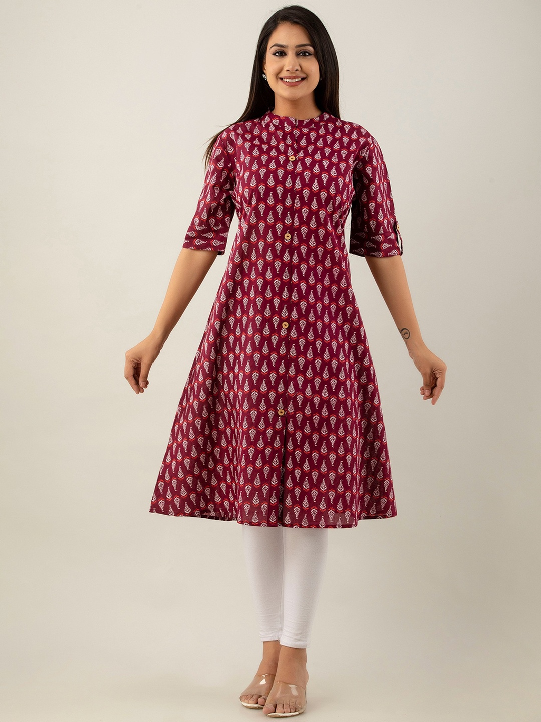 

CELEBRAVO Ethnic Motifs Printed Mandarin Collar A-Line Cotton Kurta, Maroon