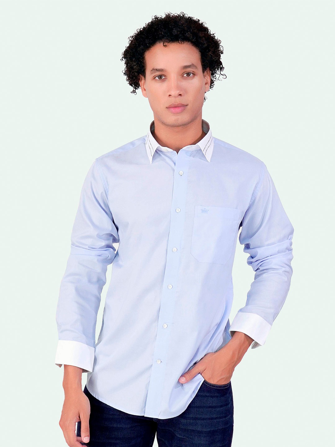 

FRENCH CROWN Standard Spread Collar Cotton Formal Shirt, Blue