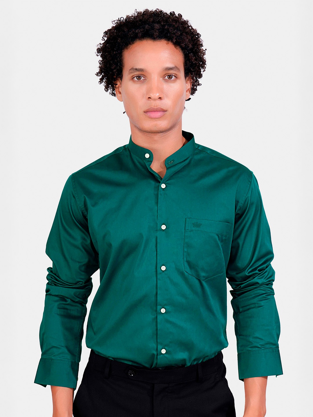 

FRENCH CROWN Standard Regular Fit Band Collar Long Sleeves Cotton Formal Shirt, Green