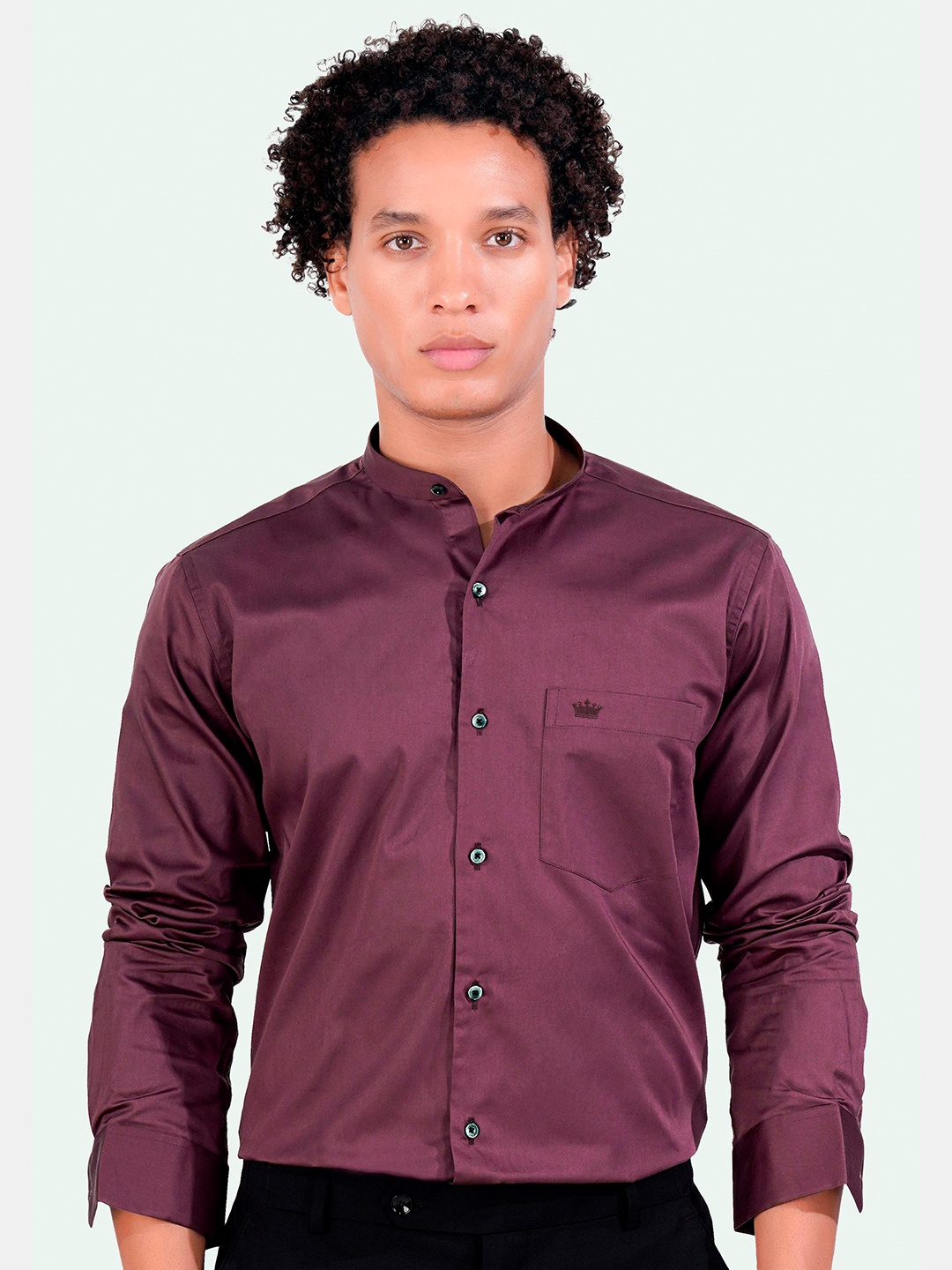 

FRENCH CROWN Standard Regular Fit Band Collar Long Sleeves Cotton Formal Shirt, Maroon