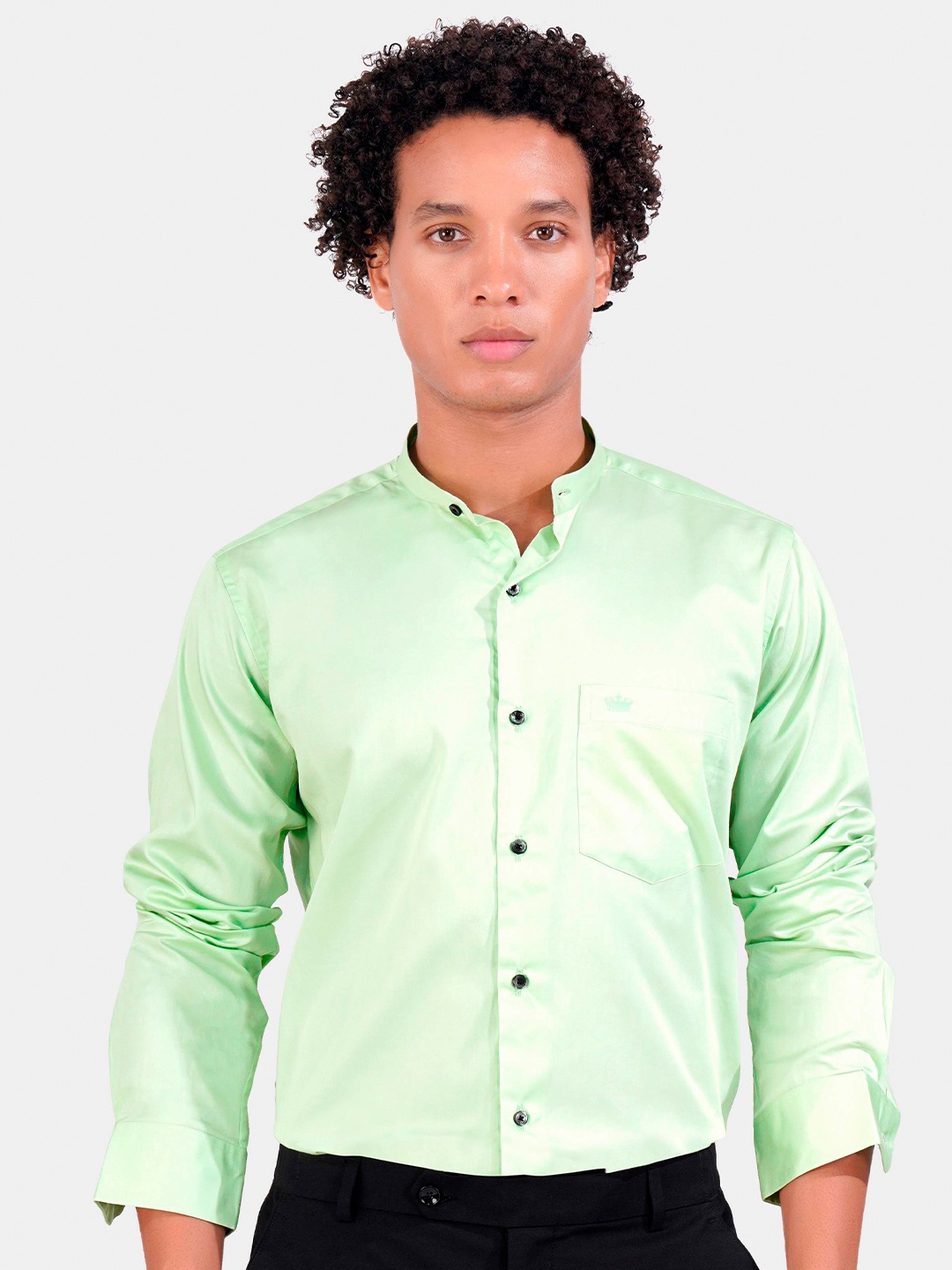 

FRENCH CROWN Standard Regular Fit Band Collar Long Sleeves Cotton Formal Shirt, Green