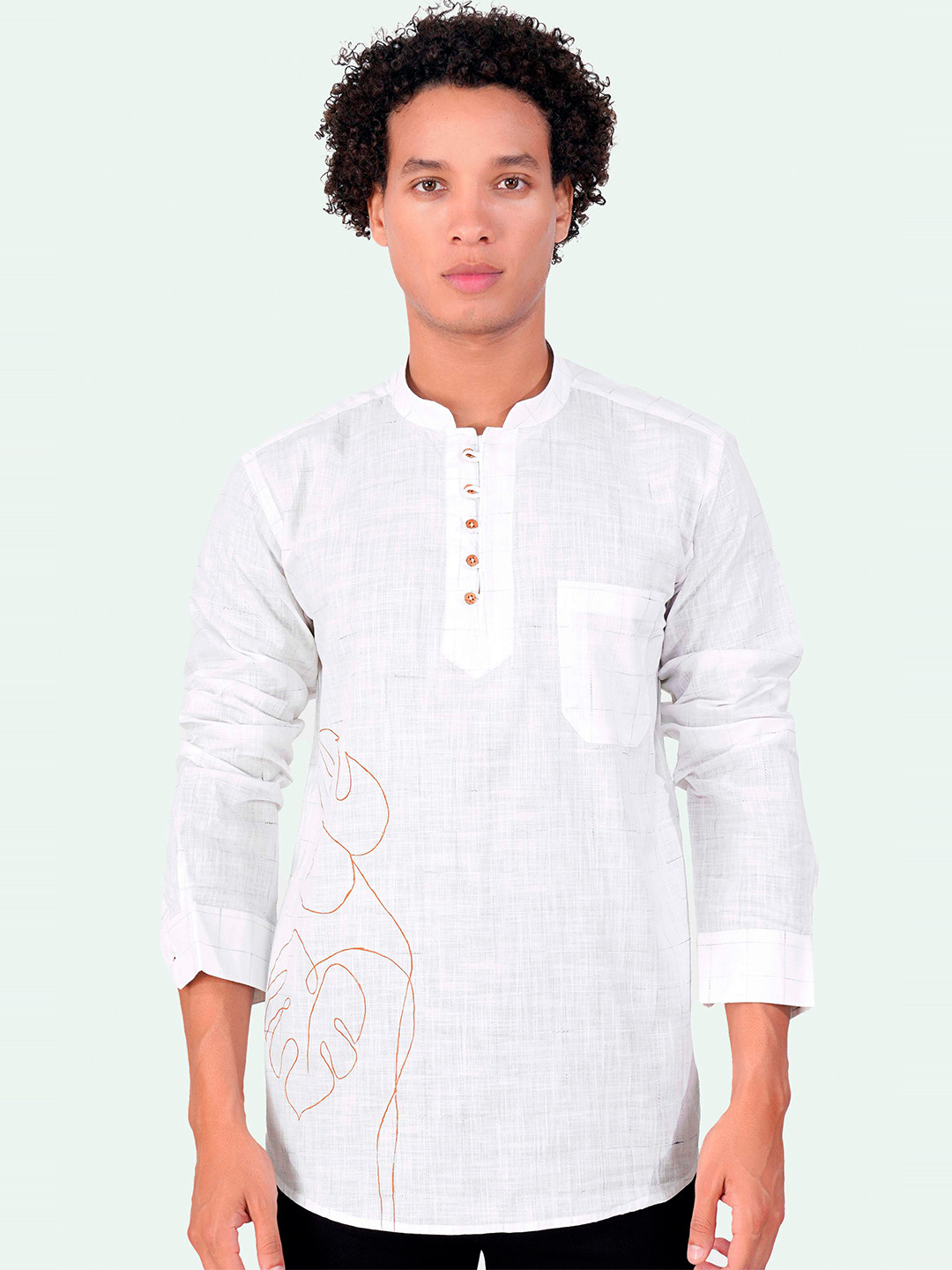 

FRENCH CROWN Tropical Printed Mandarin Collar Cuffed Sleeves Pure Linen Kurta, White