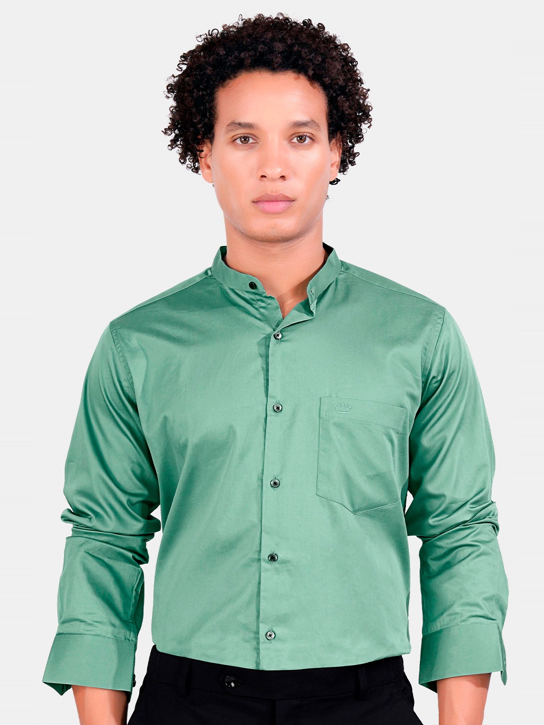 

FRENCH CROWN Standard Regular Fit Band Collar Long Sleeves Cotton Formal Shirt, Green