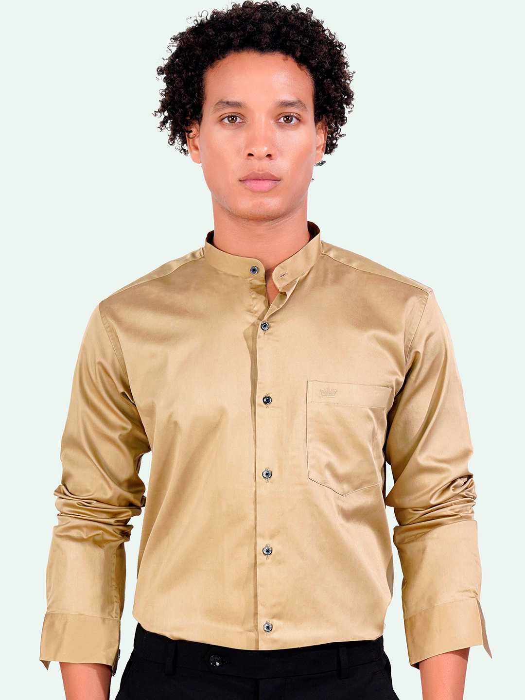 

FRENCH CROWN Standard Mandarin Collar Cotton Formal Shirt, Brown