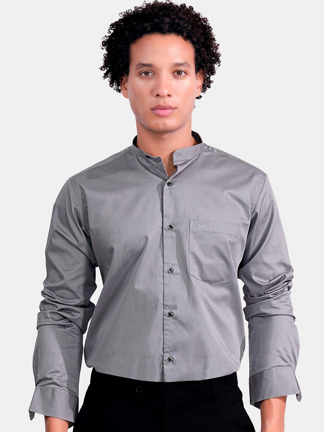 

FRENCH CROWN Standard Mandarin Collar Cotton Formal Shirt, Grey