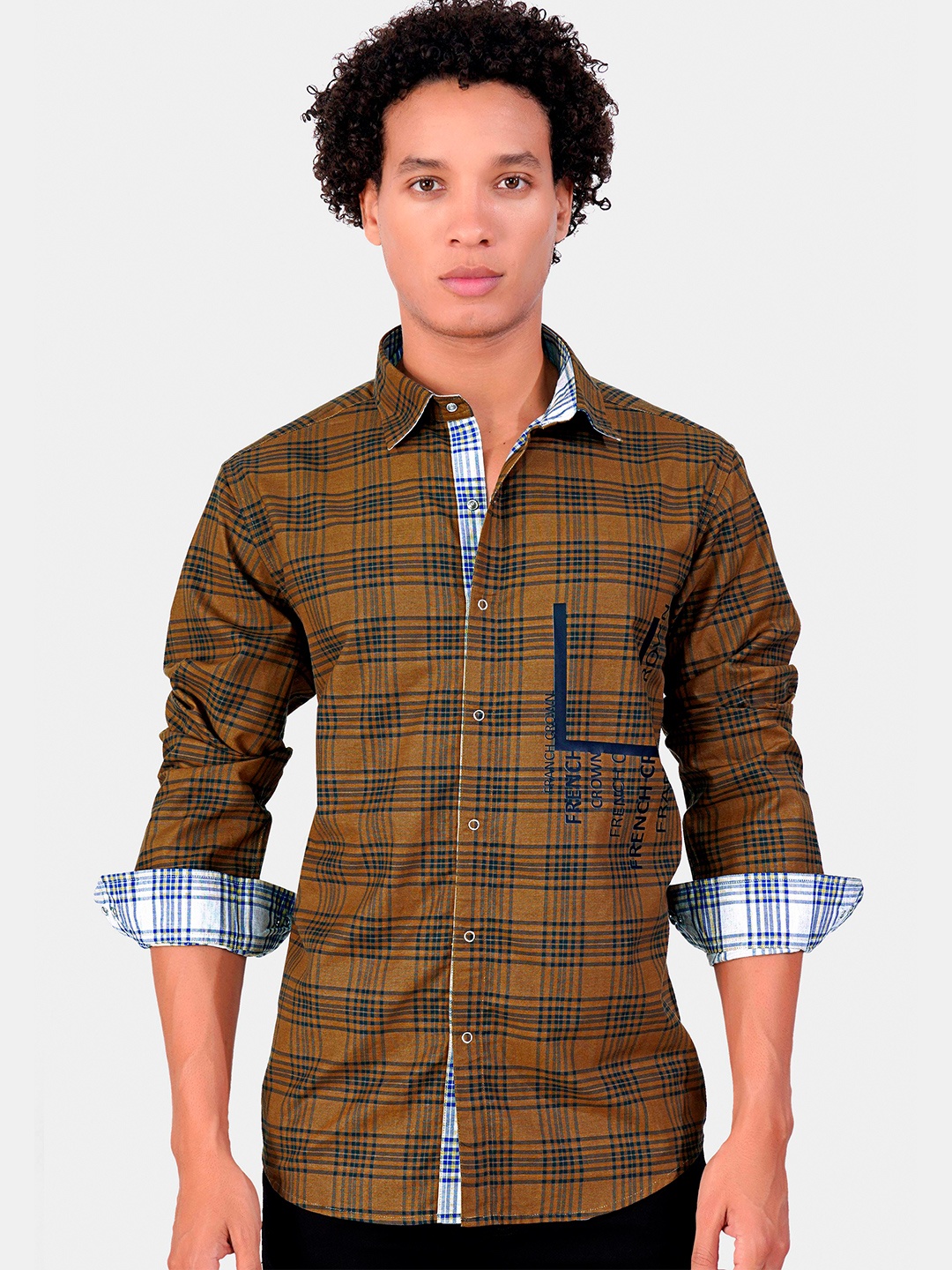 

FRENCH CROWN Standard Checked Cotton Casual Shirt, Brown