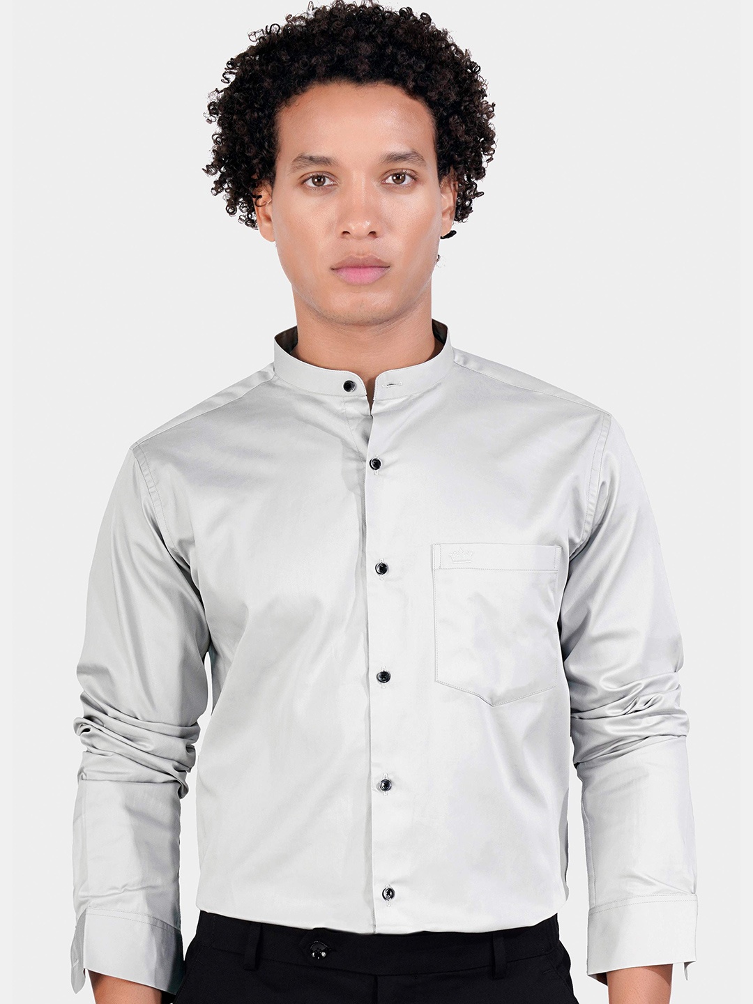 

FRENCH CROWN Standard Mandarin Collar Cotton Formal Shirt, Grey