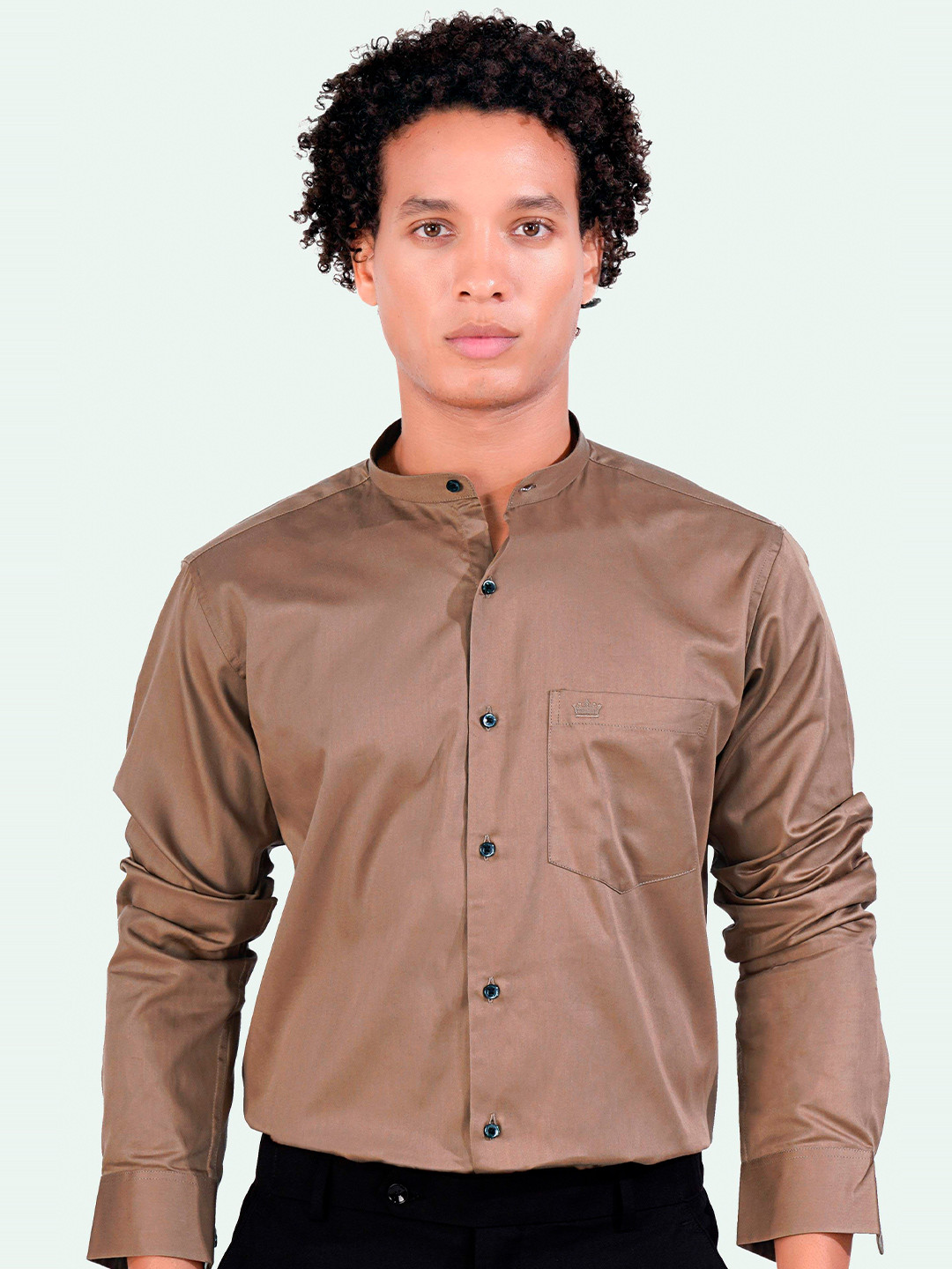 

FRENCH CROWN Standard Mandarin Collar Cotton Formal Shirt, Brown