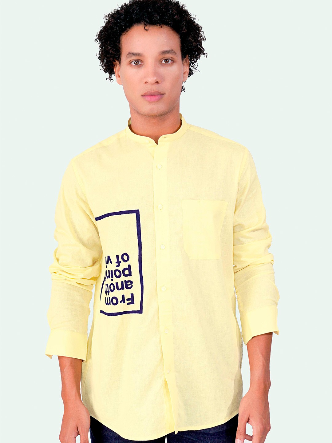 

FRENCH CROWN Standard Printed Band Collar Cotton Casual Shirt, Yellow