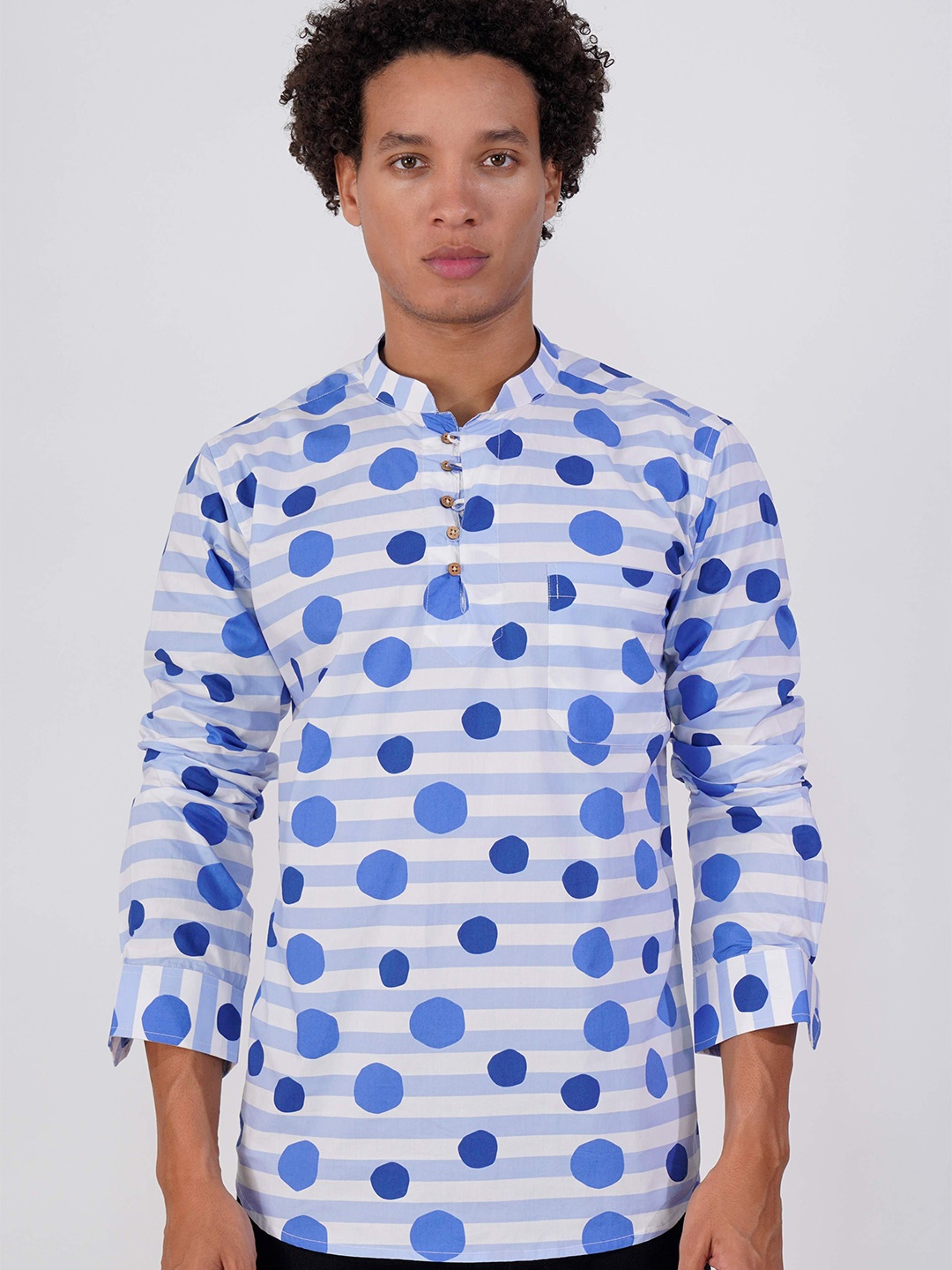 

FRENCH CROWN Geometric Printed Mandarin Collar Cotton Kurta, White