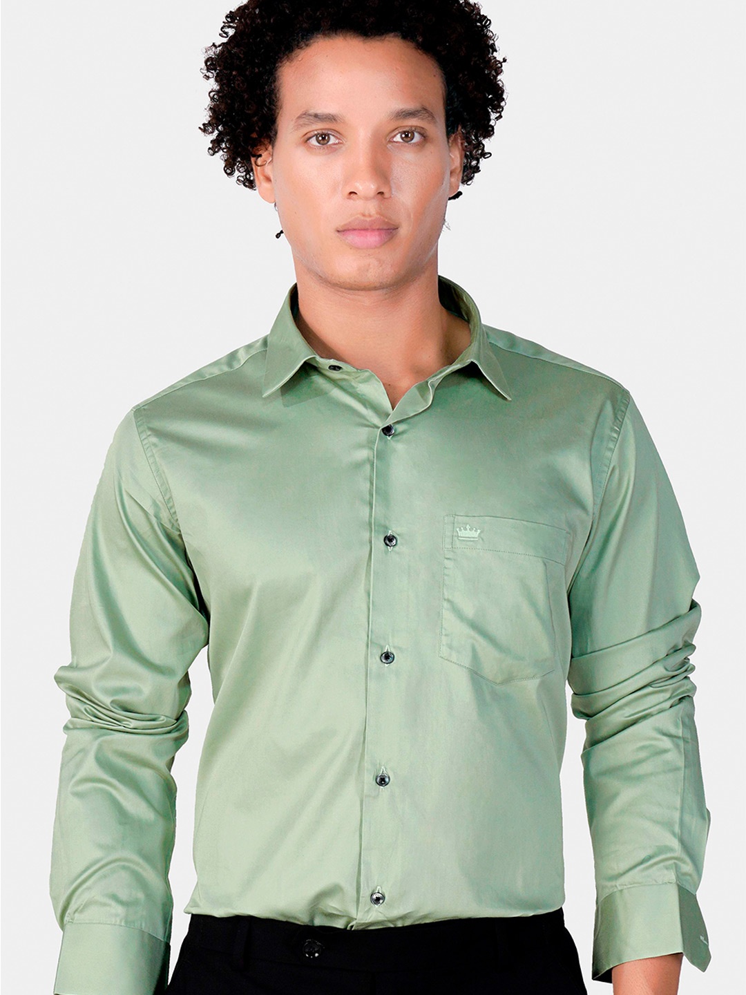 

FRENCH CROWN Standard Spread Collar Cotton Formal Shirt, Green