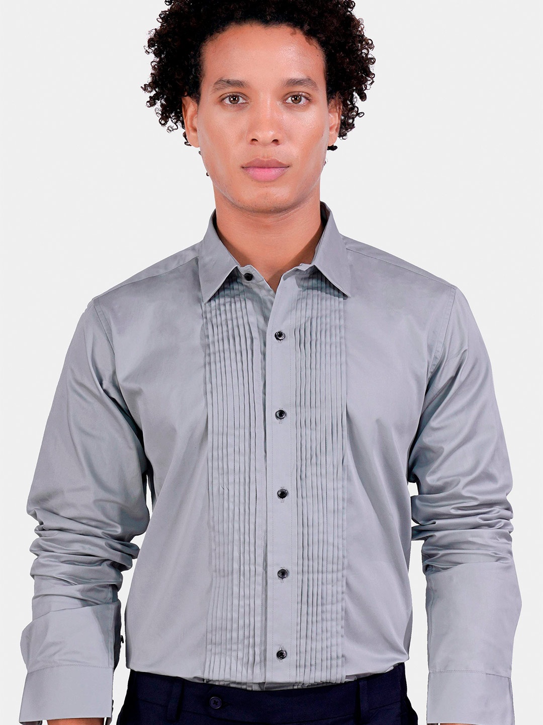 

FRENCH CROWN Standard Pin Tucks Detail Cotton Formal Shirt, Grey