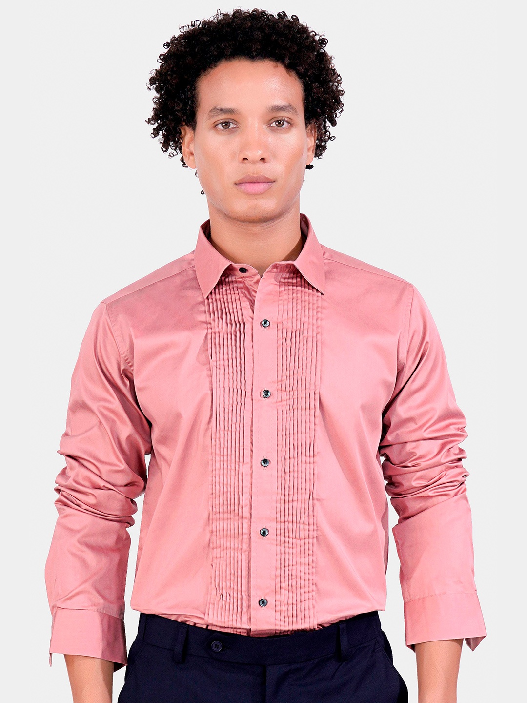 

FRENCH CROWN Standard Pin Tucks Detail Cotton Formal Shirt, Pink