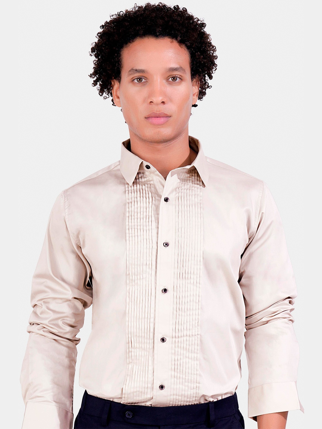 

FRENCH CROWN Standard Pin Tucks Detail Cotton Formal Shirt, Cream