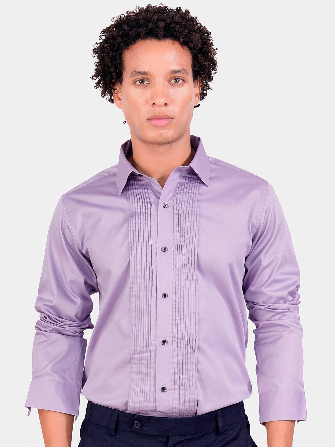 

FRENCH CROWN Pin Tucks Detail Standard Cotton Formal Shirt, Purple