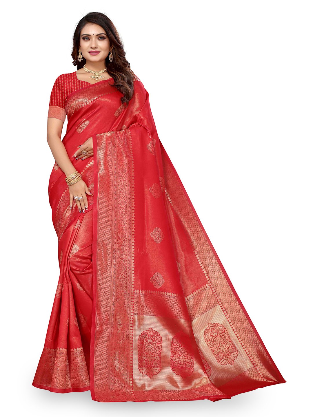 

KALINI Ethnic Motifs Woven Design Zari Kanjeevaram Saree, Red