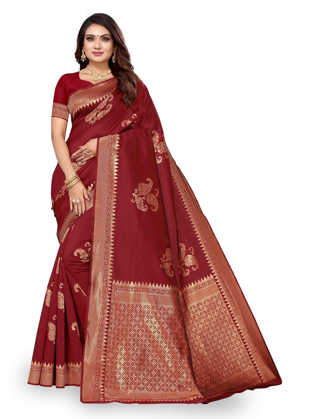 

KALINI Ethnic Motifs Woven Design Zari Kanjeevaram Saree, Red