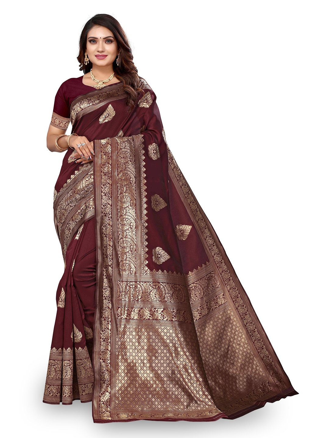 

KALINI Ethnic Motifs Woven Design Zari Kanjeevaram Saree, Brown