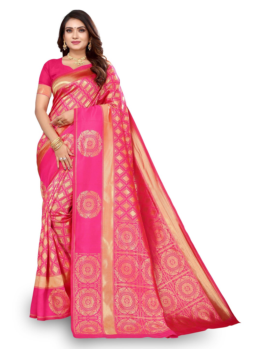 

KALINI Ethnic Motifs Woven Design Zari Kanjeevaram Saree, Pink