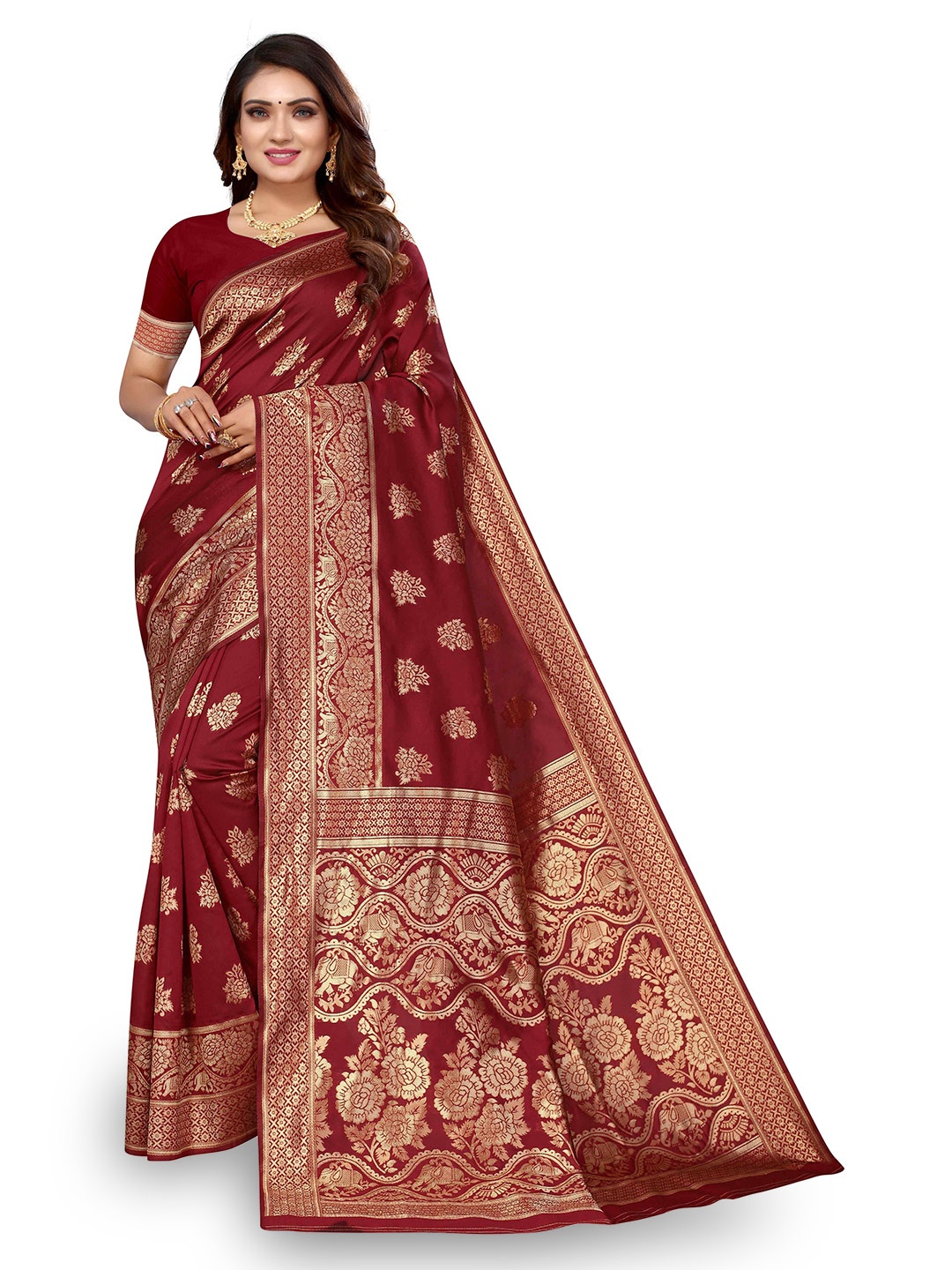 

KALINI Ethnic Motifs Woven Design Zari Kanjeevaram Saree, Maroon