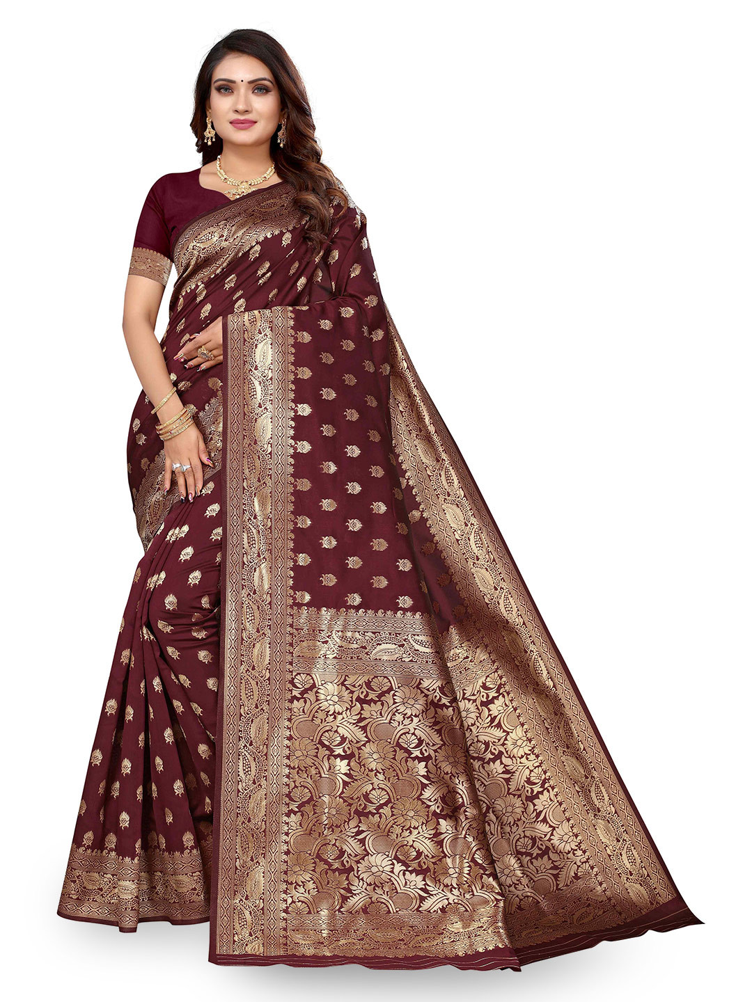 

KALINI Ethnic Motifs Woven Design Zari Kanjeevaram Saree, Brown