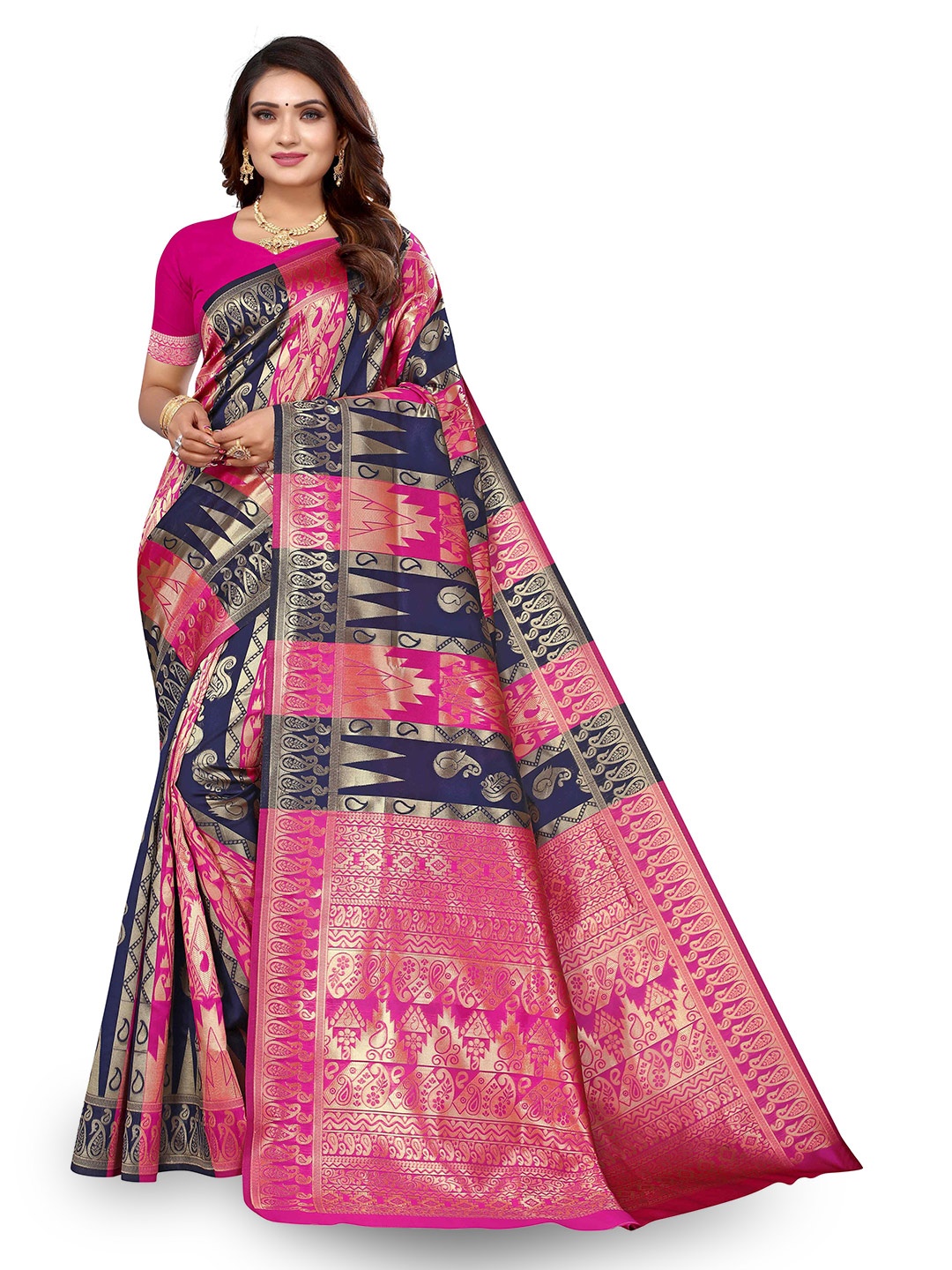 

KALINI Ethnic Motifs Woven Design Zari Kanjeevaram Saree, Pink