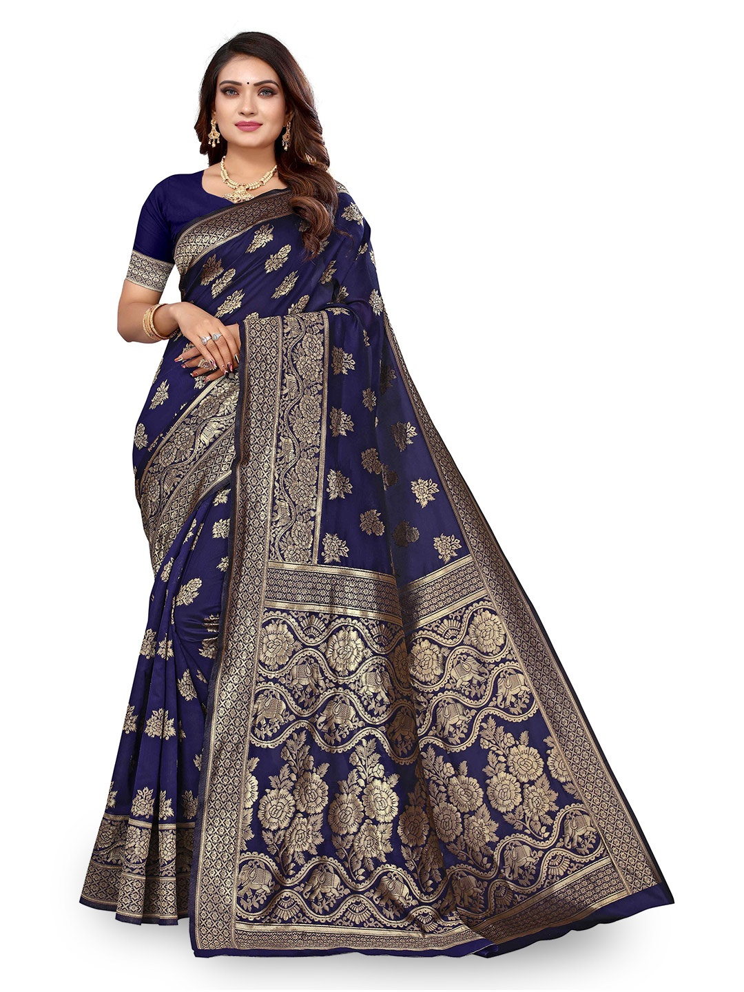 

KALINI Ethnic Motifs Woven Design Zari Kanjeevaram Saree, Blue