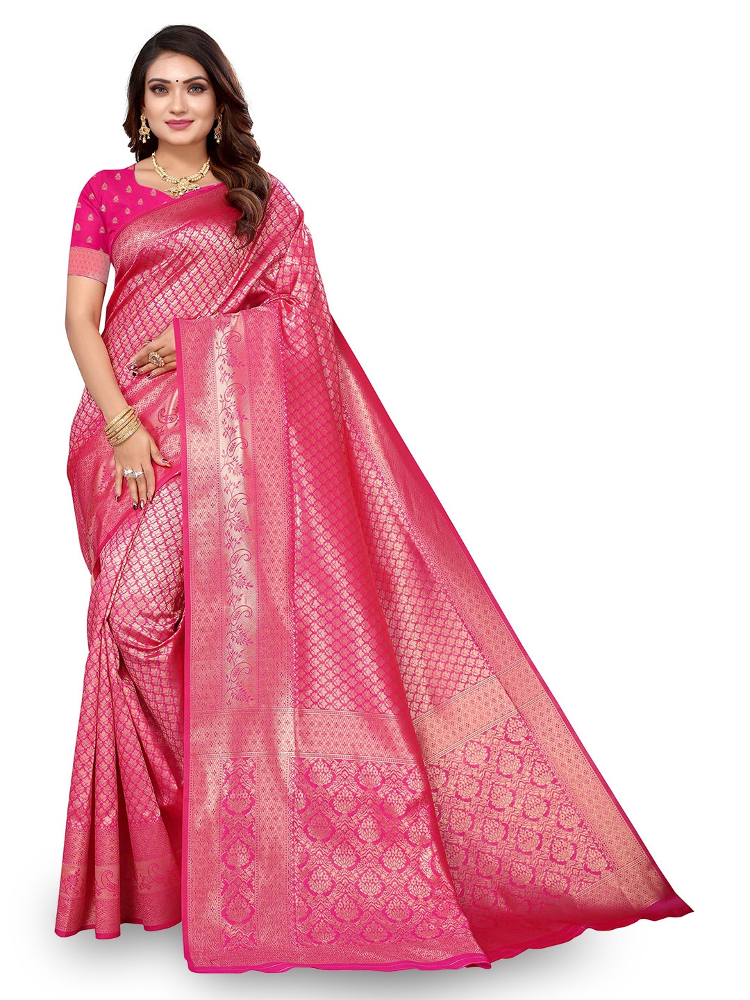 

KALINI Ethnic Motifs Woven Design Zari Kanjeevaram Saree, Pink