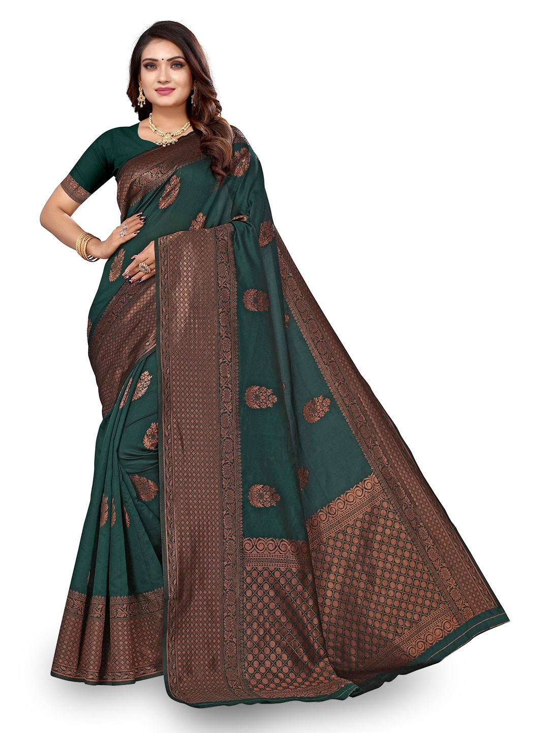 

KALINI Ethnic Motifs Woven Design Zari Kanjeevaram Saree, Green