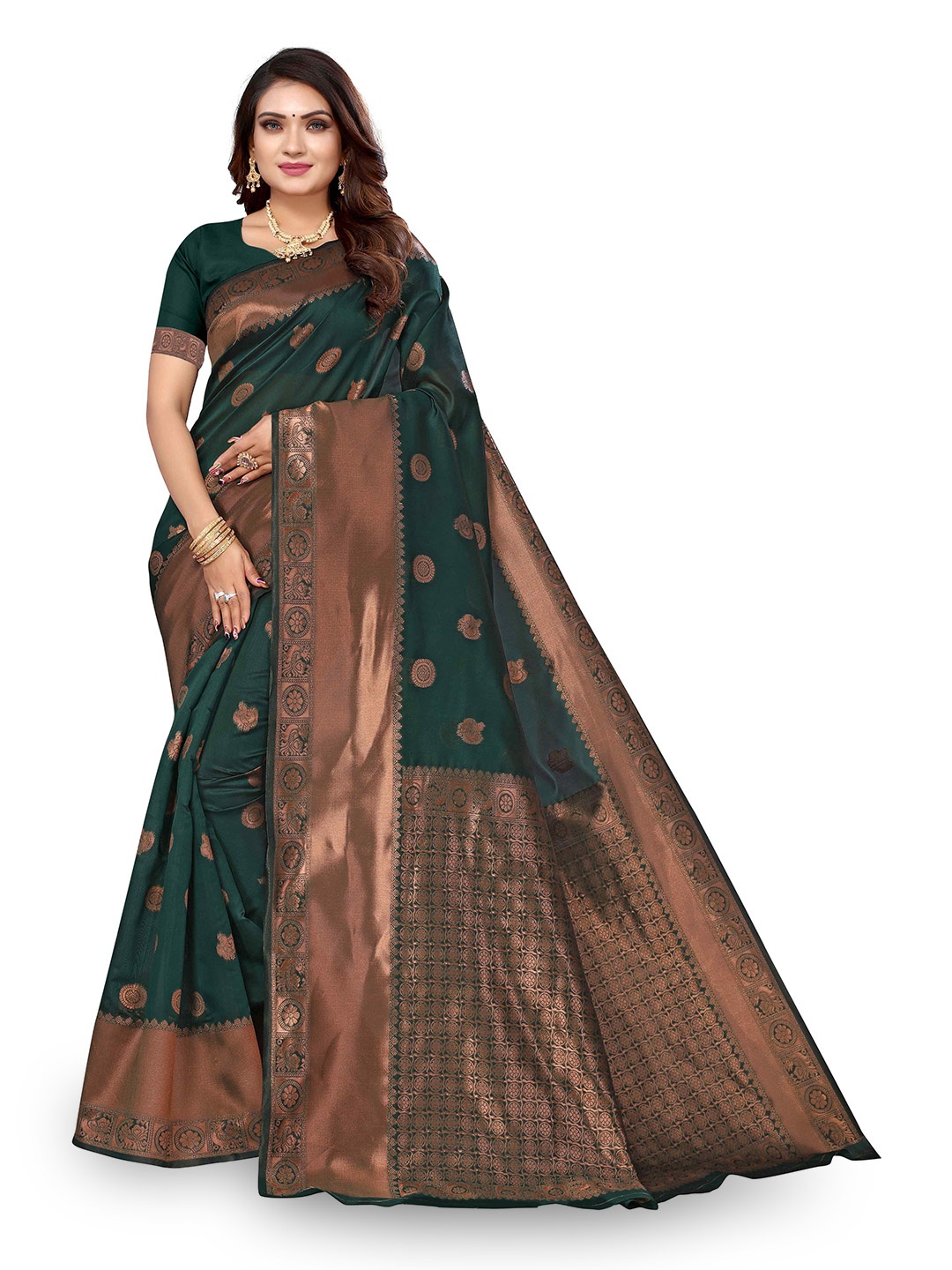 

KALINI Ethnic Motifs Woven Design Zari Kanjeevaram Saree, Green