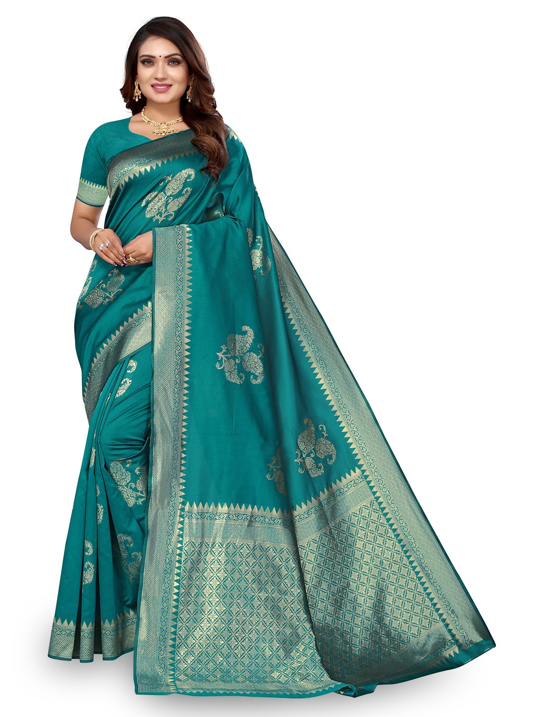 

KALINI Woven Design Zari Kanjeevaram Saree, Green