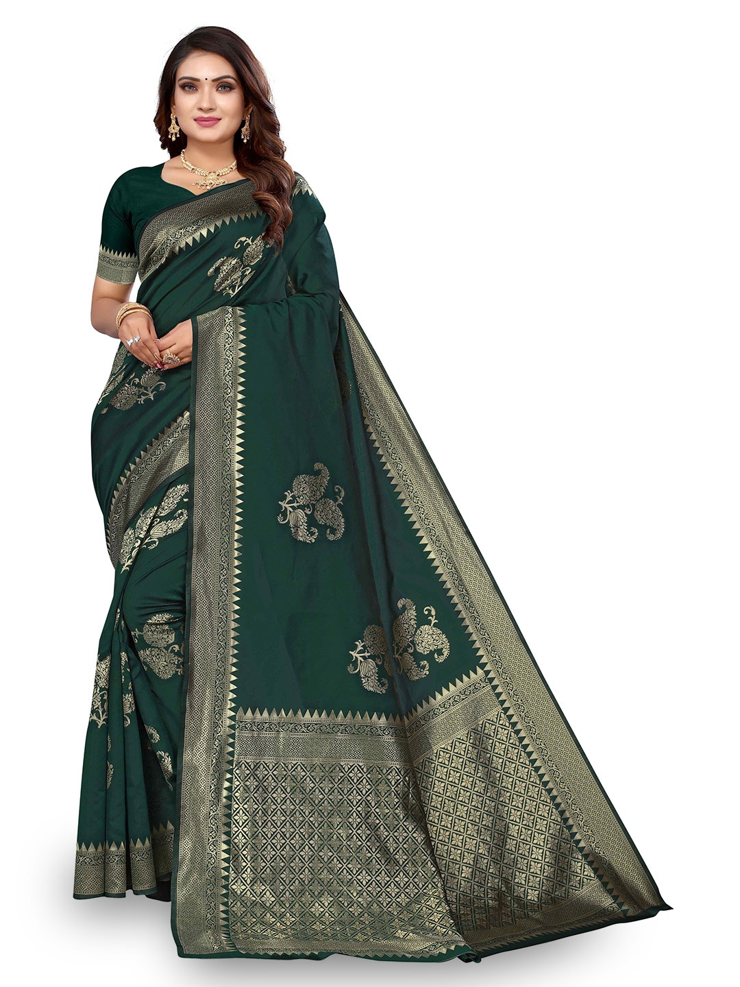 

KALINI Woven Design Zari Kanjeevaram Saree, Green