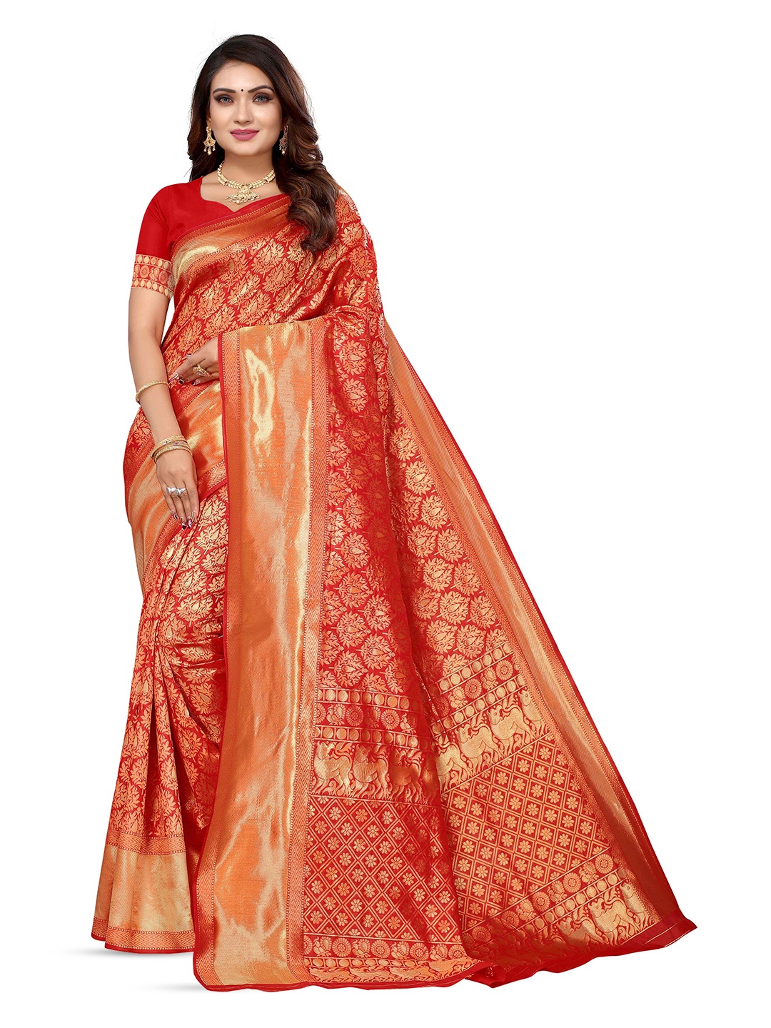 

KALINI Woven Design Zari Kanjeevaram Saree, Red