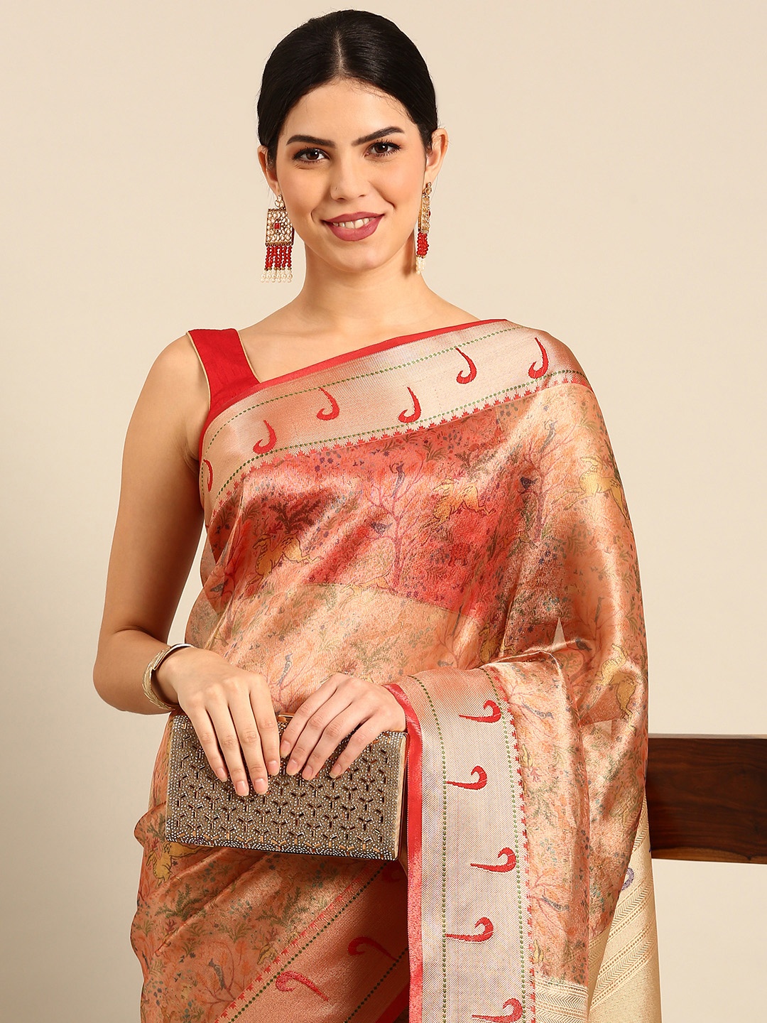 

Simaaya Ethnic Motifs Woven Design Zari Organza Saree, Red