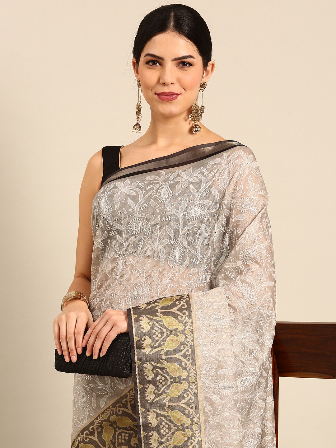 

Simaaya Floral Embroidered Organza Saree, Beige