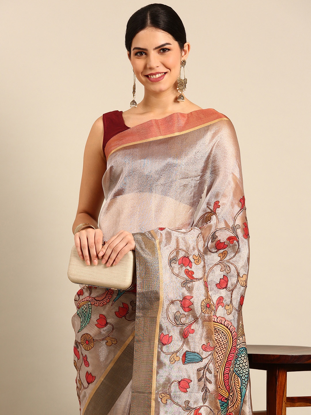 

Simaaya Floral Woven Design Zari Patchwork Saree, Grey