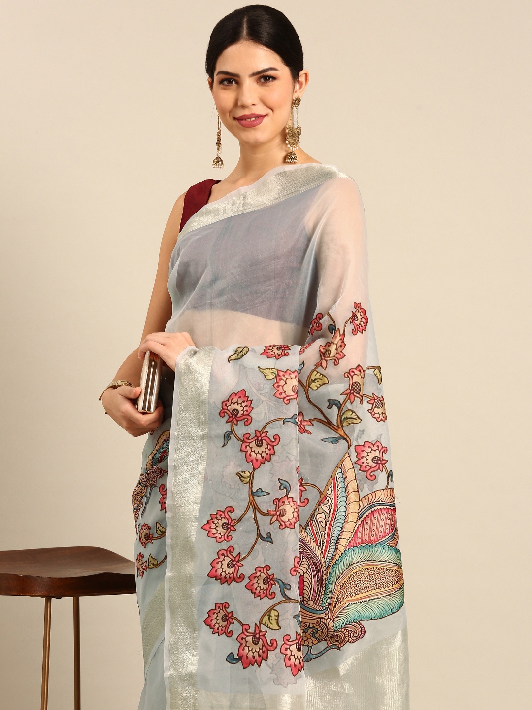 

Simaaya Floral Woven Design Zari Patchwork Organza Saree, Grey