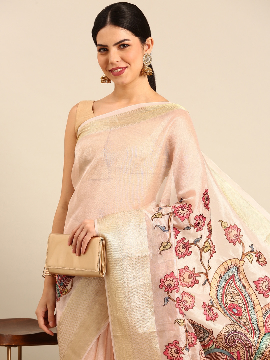 

Simaaya Floral Woven Design Zari Patchwork Kota Saree, Peach