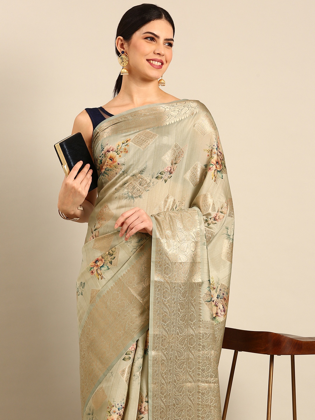 

Simaaya Floral Print Zari Art Silk Saree, Sea green