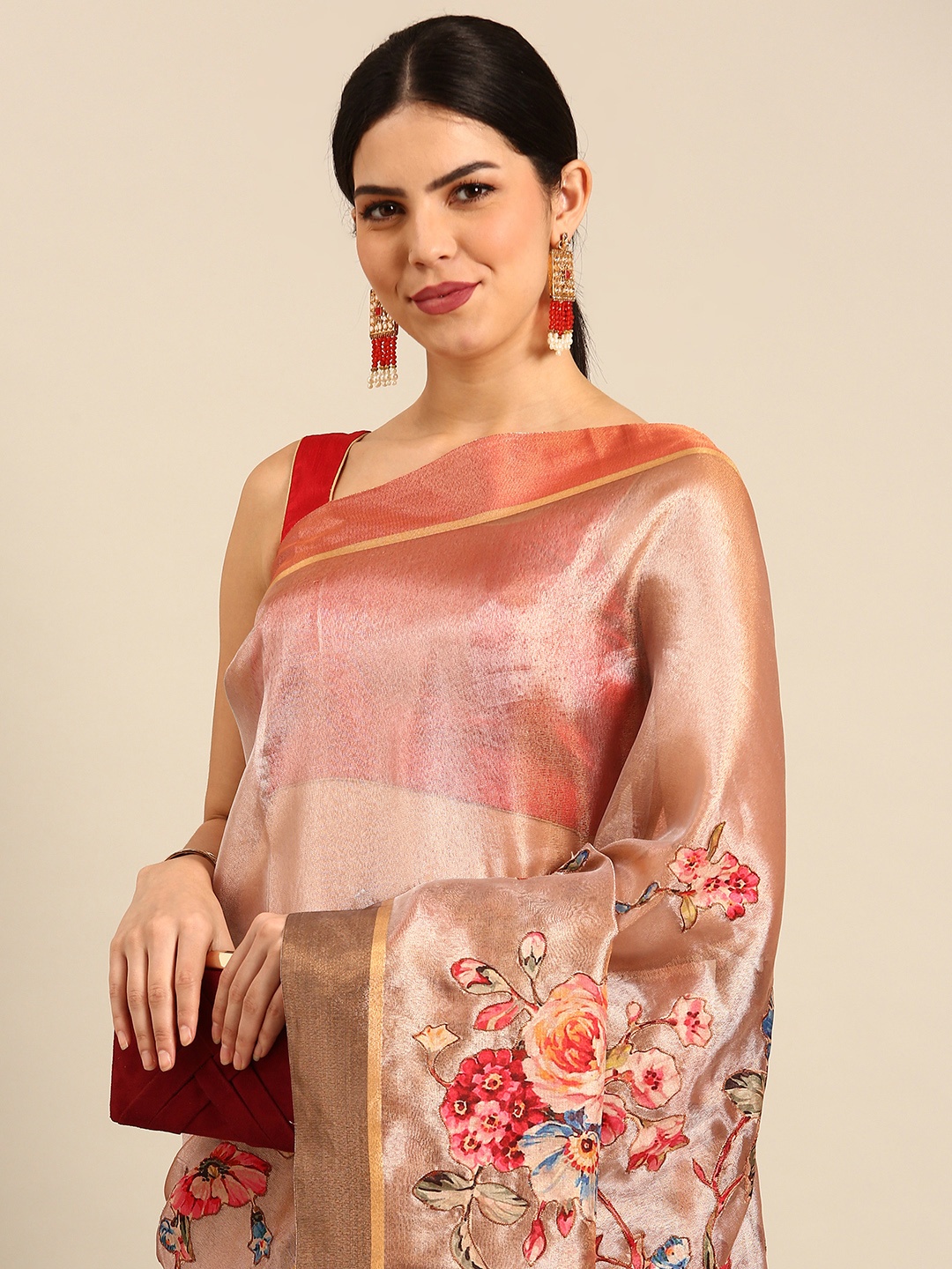 

Simaaya Floral Woven Design Patchwork Kota Saree, Brown