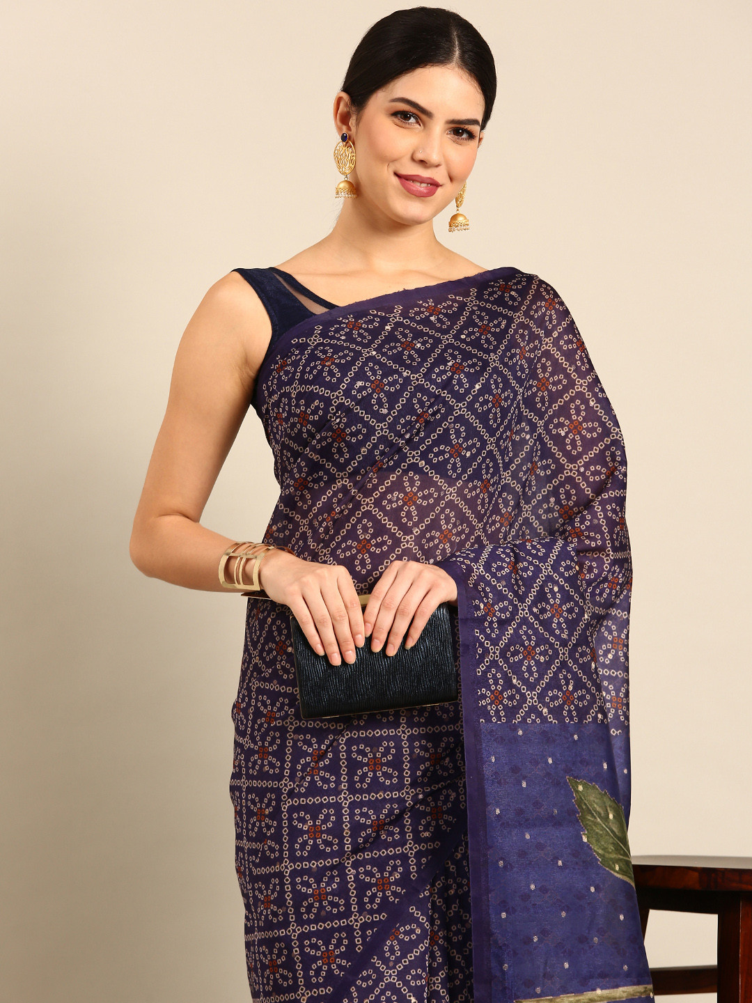 

Simaaya Bandhani Print Silk Cotton Saree, Navy blue