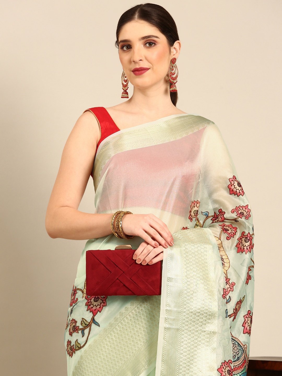 

Simaaya Floral Woven Design Zari Patchwork Kota Saree, Sea green