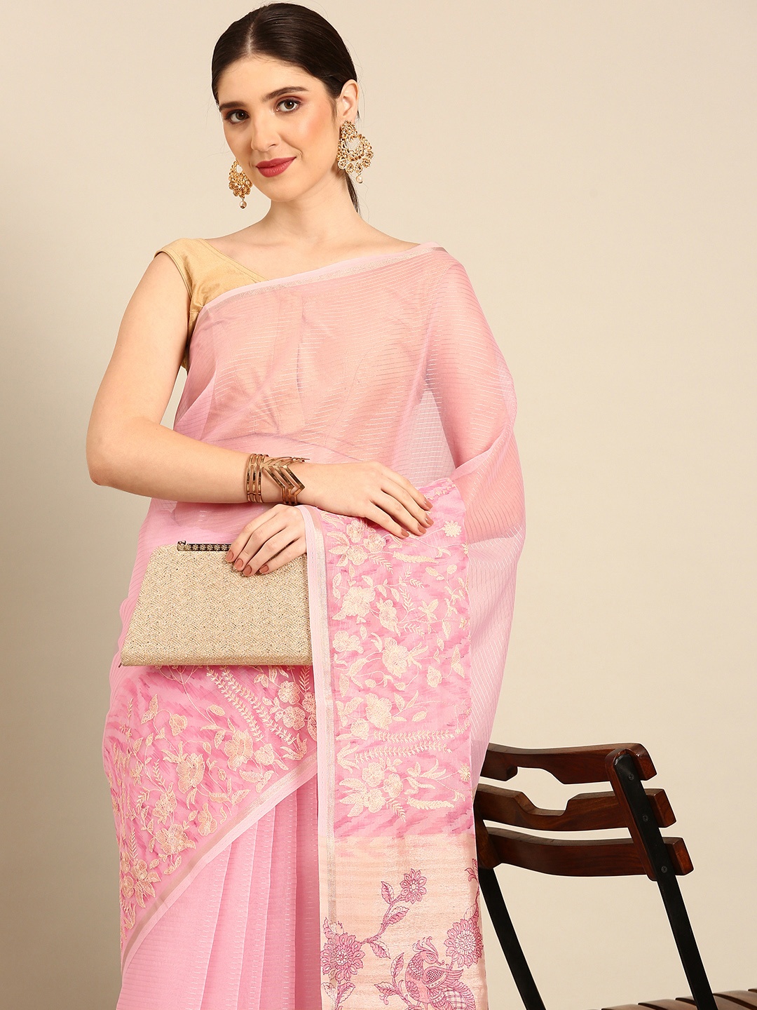 

Simaaya Floral Embroidered Organza Saree, Pink